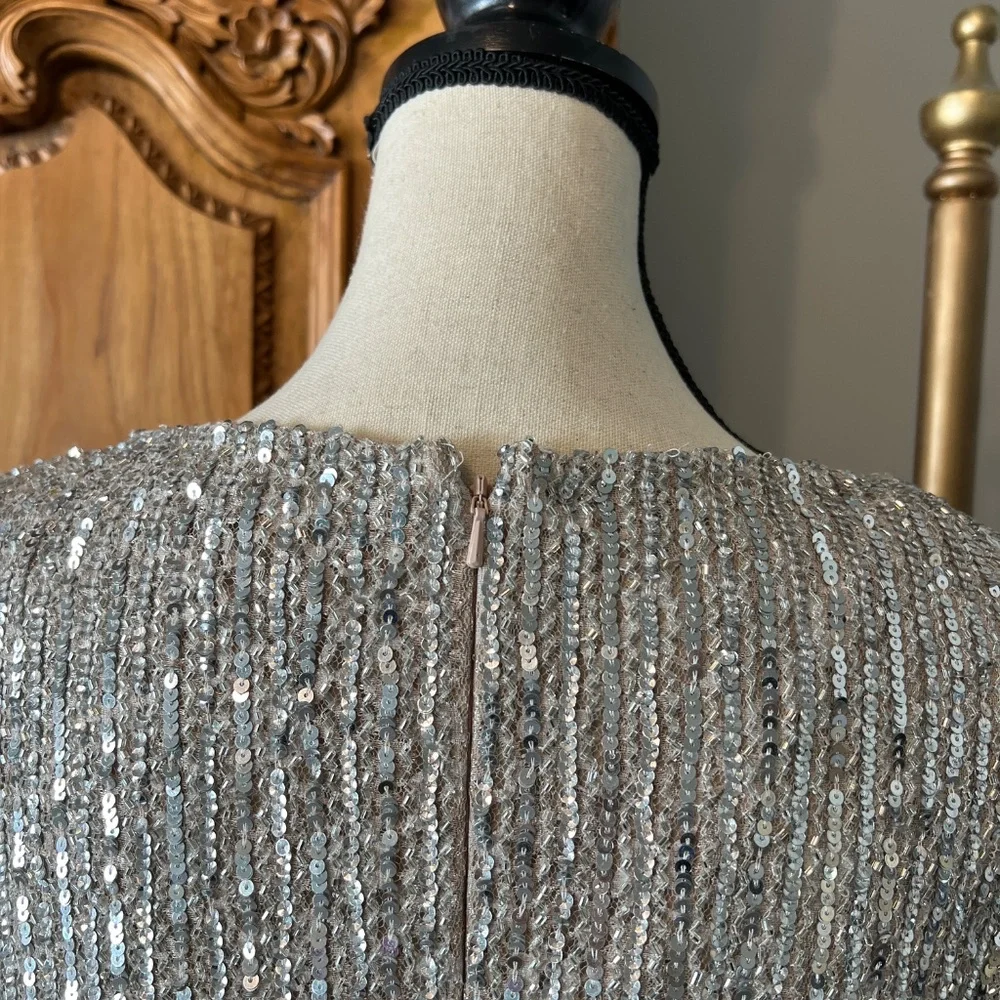 NWT Mac Duggal 93676 [20] Silver Beaded Lace Long Sleeve Midi Dress Cocktail - Picture 8 of 12